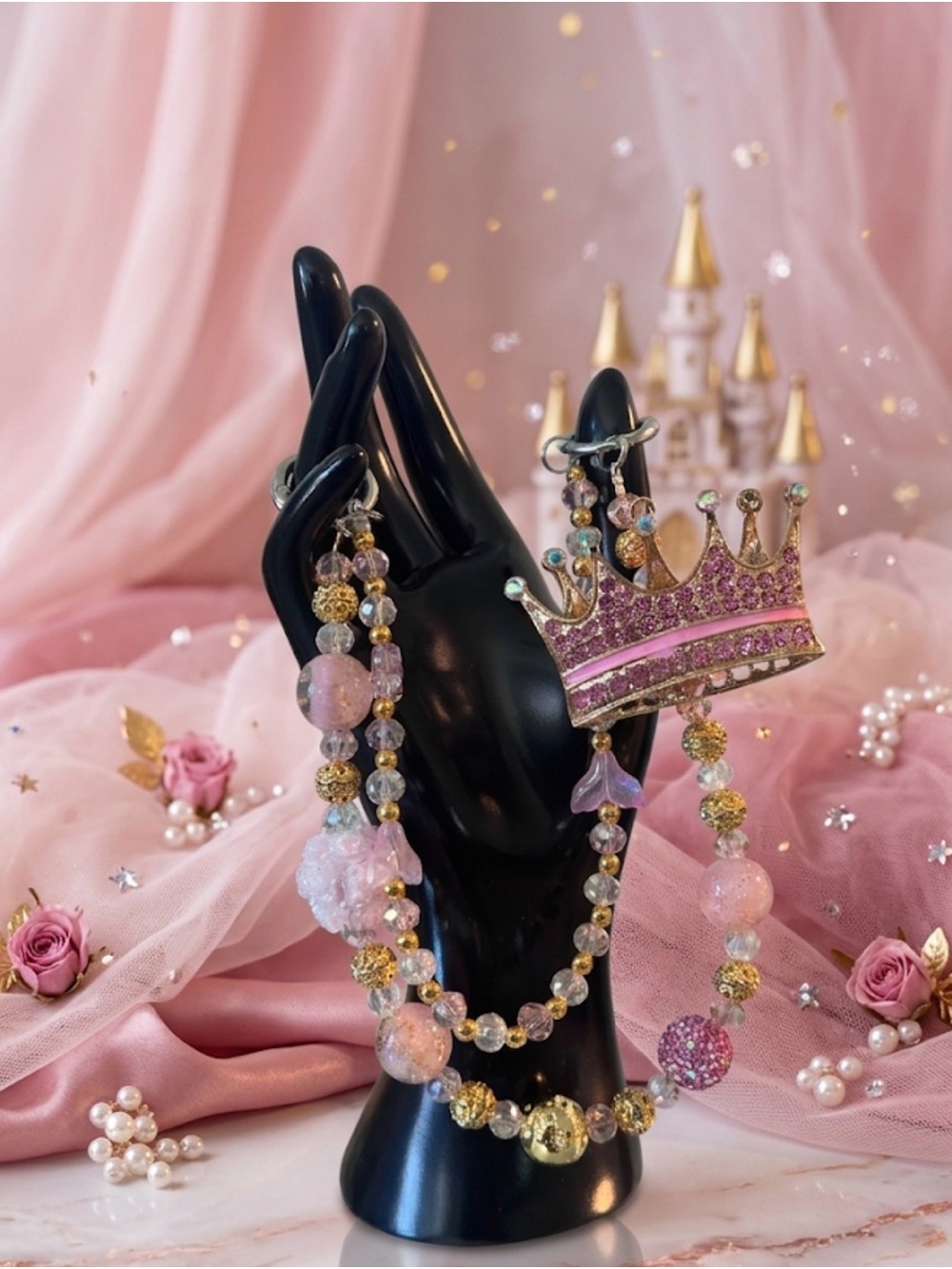 Pink & Gold Crown Beaded Bag Charm